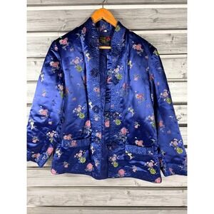 Vtg Peony Brand Shanghai China Blue Satin Floral Frog Closure Jacket Womens L
